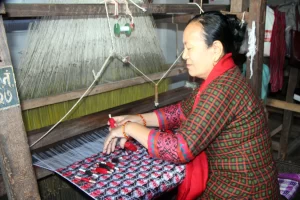 महिलालाई ढाकाको कपडा बुन्न सिकाउँदै बन्दीपुर गाउँपालिका