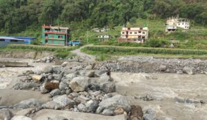 मेलम्चीमा आएको बाढीले अस्थायी पुल बगायो